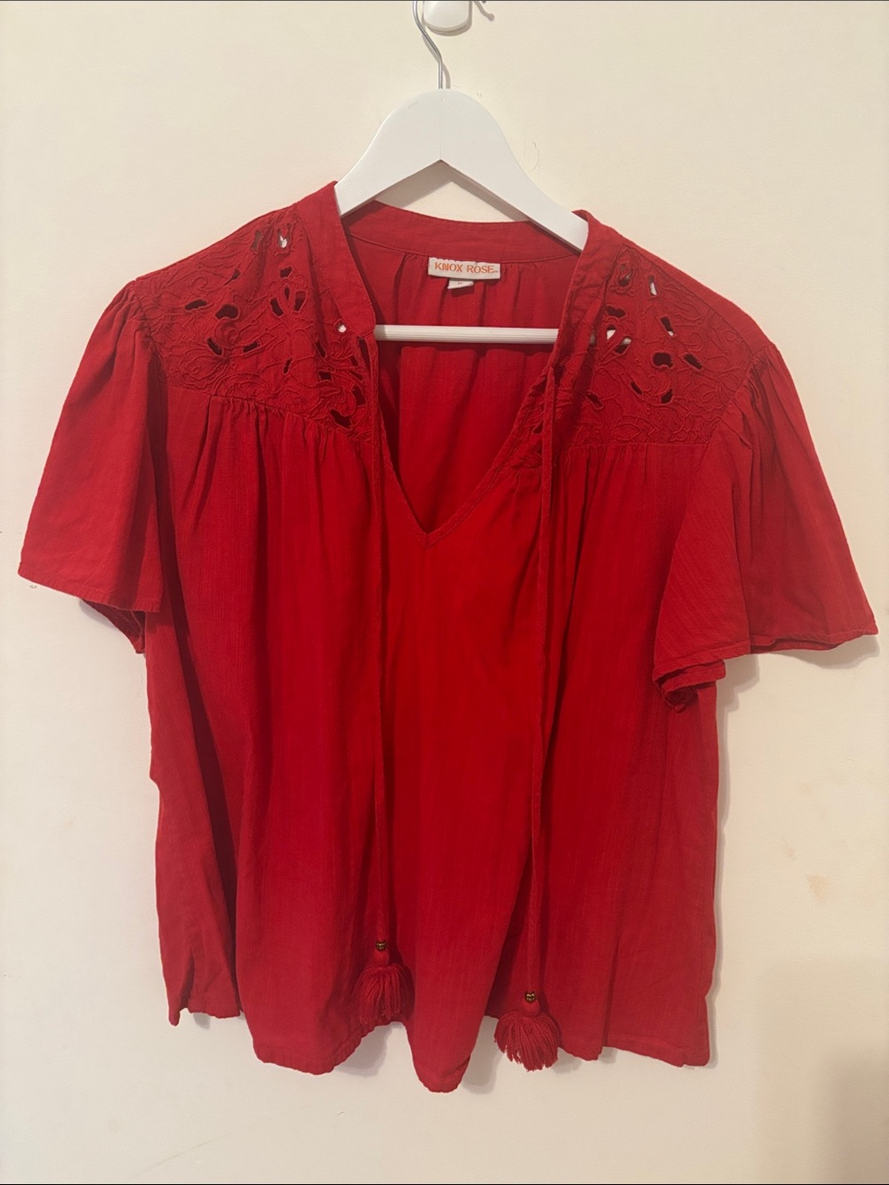 Knox Rose Red V-Neck Tassel Peasant Blouse